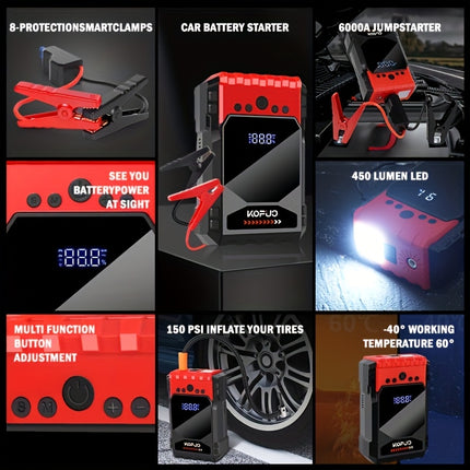 7-in-1 Car Battery Starter Kit | 150 PSI Air Compressor, 6000A