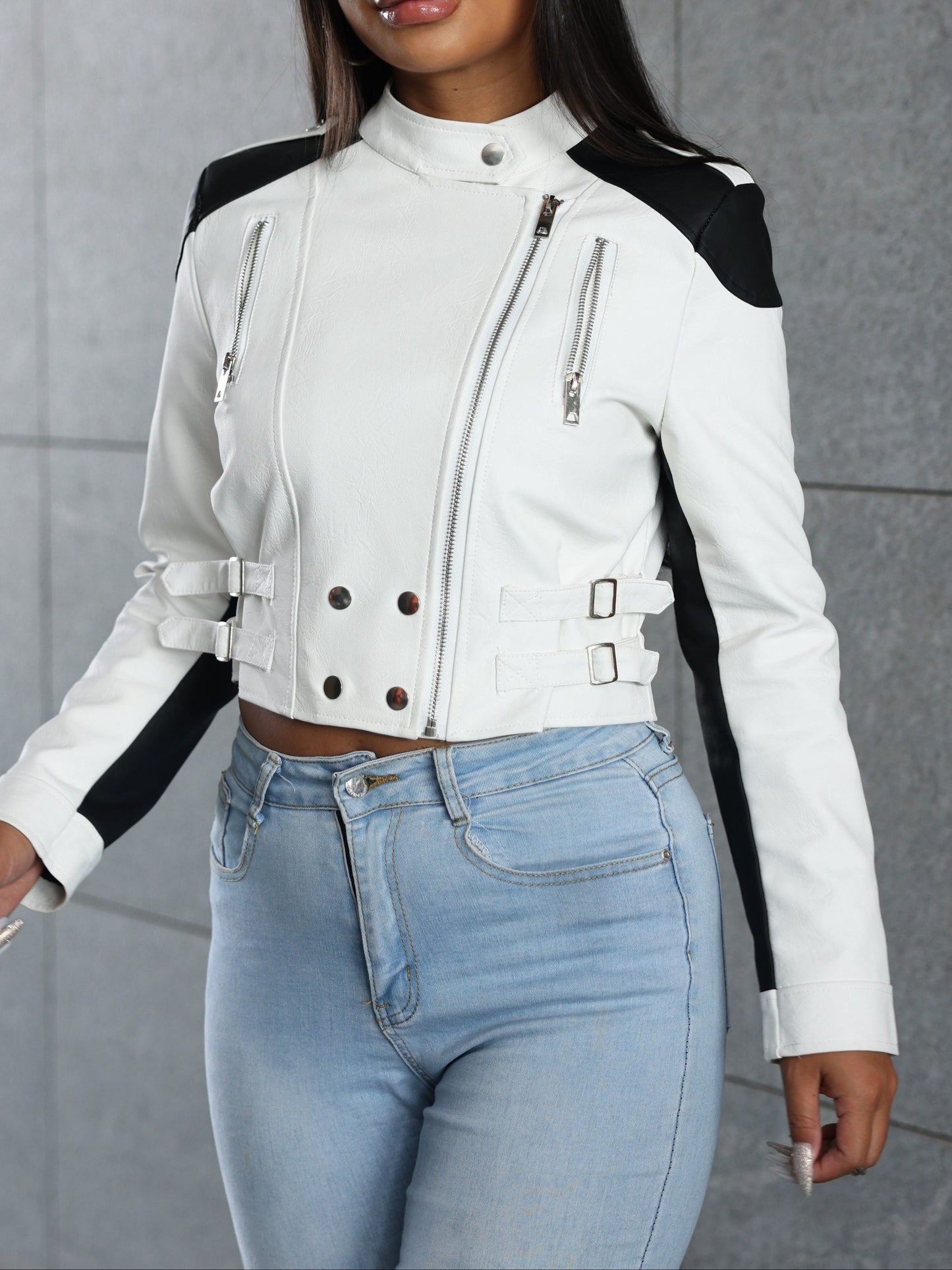 Chic Color Block Motorcycle Jacket for Women