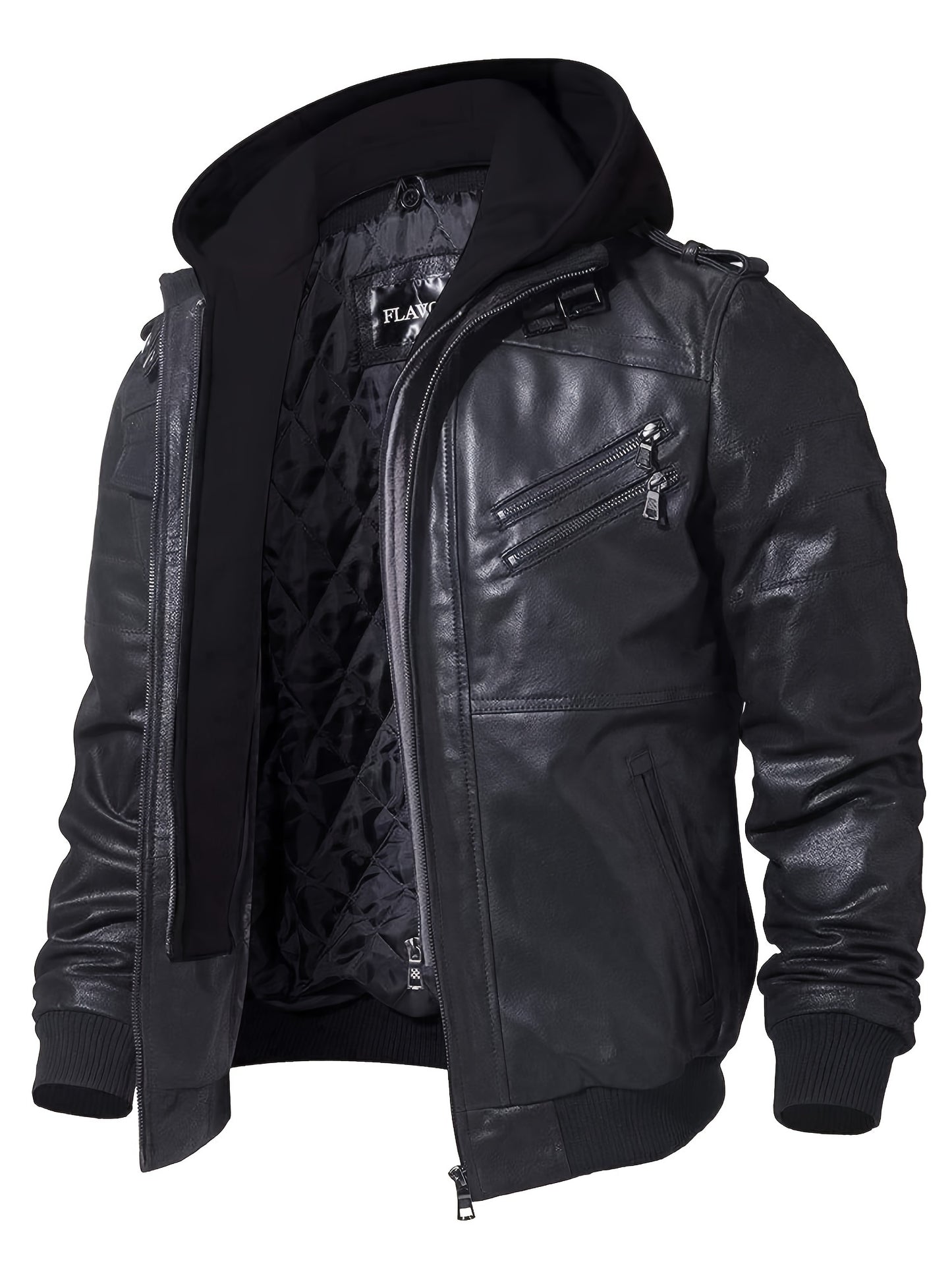 FLAVOR Men Pigskin Motorcycle Jacket With Removable Hood