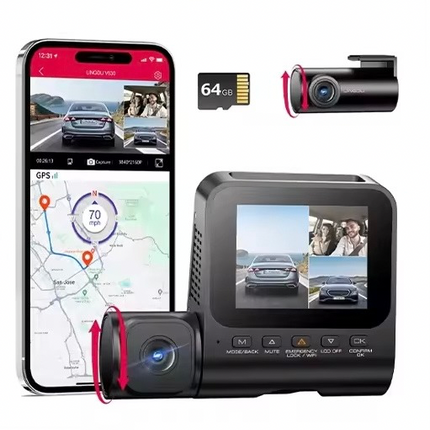 LINGDU 4K 3 Channel Wireless Dash Camera with Free 64GB Card,4K+1080P+1080P Front Inside and Rear Triple Car Camera,IR Night Vision, Voice Control,Build-in GPS 24H Parking Mode, Easy to Install（V630）