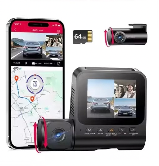 LINGDU 4K 3 Channel Wireless Dash Camera with Free 64GB Card,4K+1080P+1080P Front Inside and Rear Triple Car Camera,IR Night Vision, Voice Control,Build-in GPS 24H Parking Mode, Easy to Install（V630）