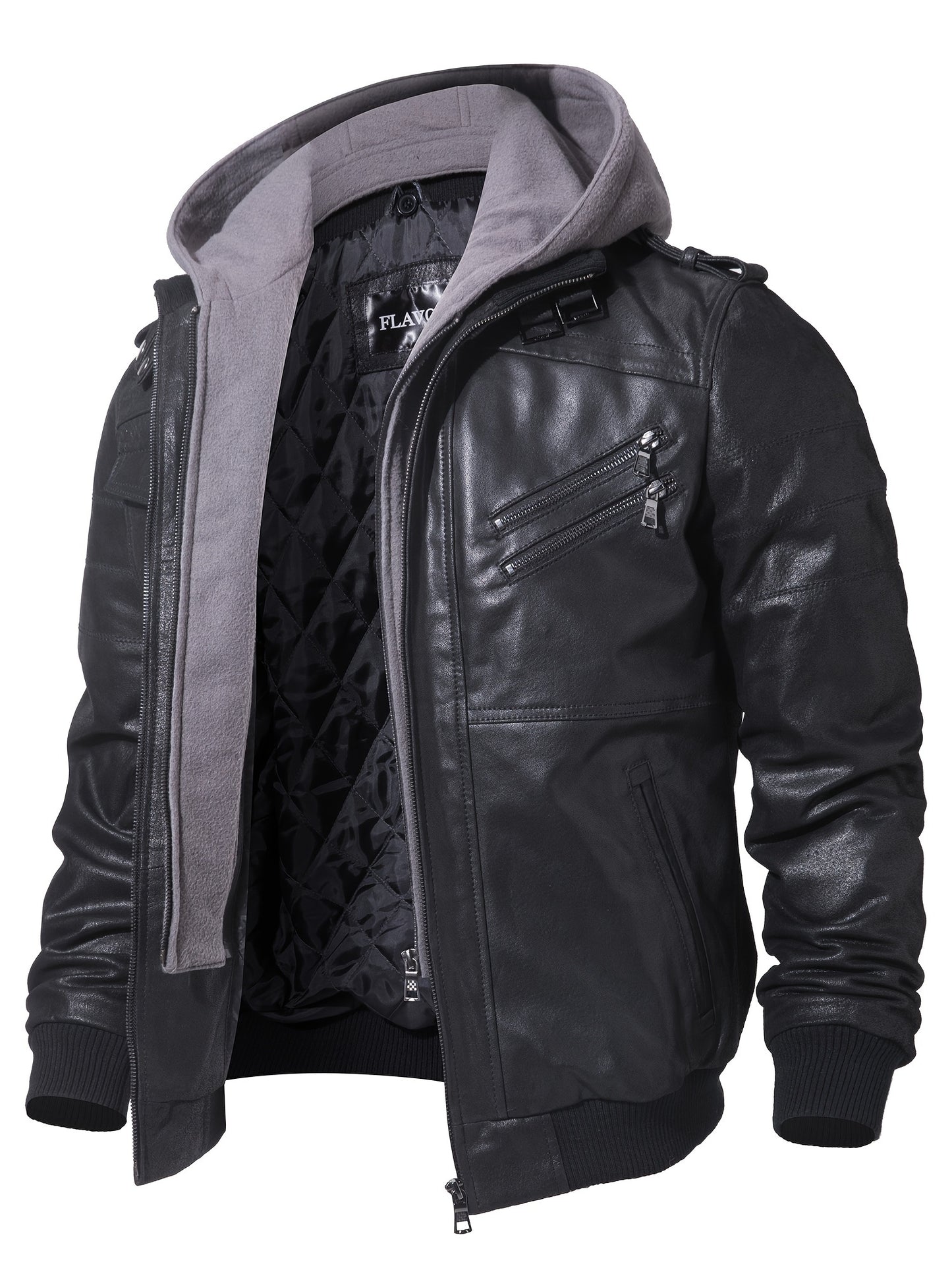 FLAVOR Men Pigskin Motorcycle Jacket With Removable Hood