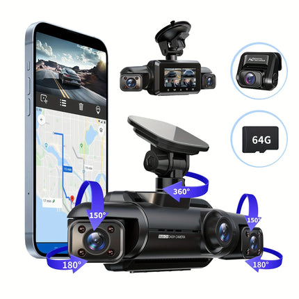 A365 Dash Cam, 4 Channel Camera FHD 1080Px4, Front, Left, Right and Rear, Front and Rear Inside, Built in GPS WiFi, Support 256 GB Max, Free 64GB Card, A365-4CH