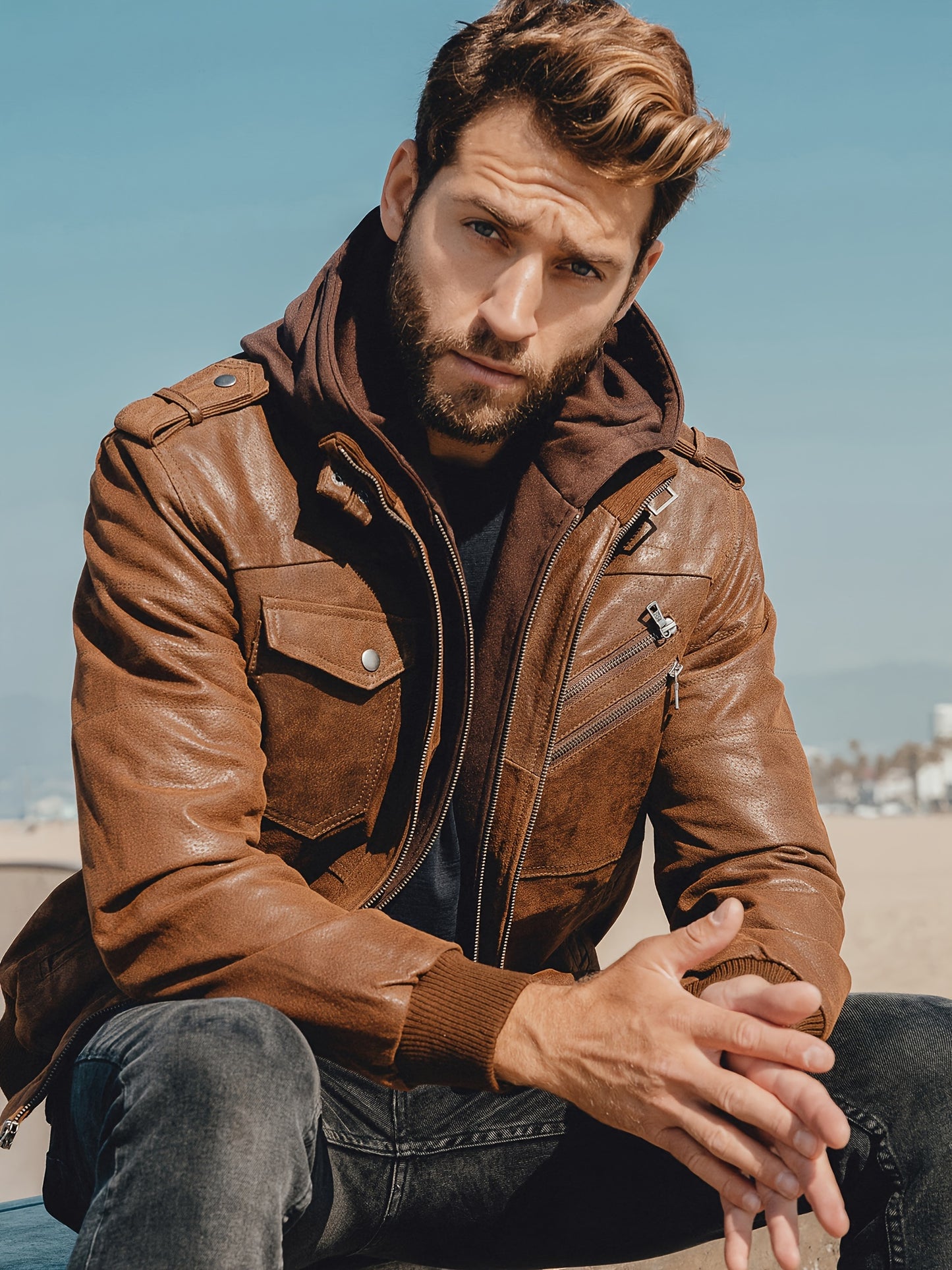 FLAVOR Men Pigskin Motorcycle Jacket With Removable Hood