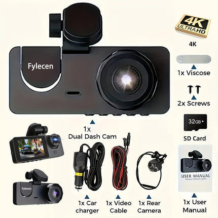 4K 3-channel dash cam with wide angle, night vision, parking mode, and 32GB card included.