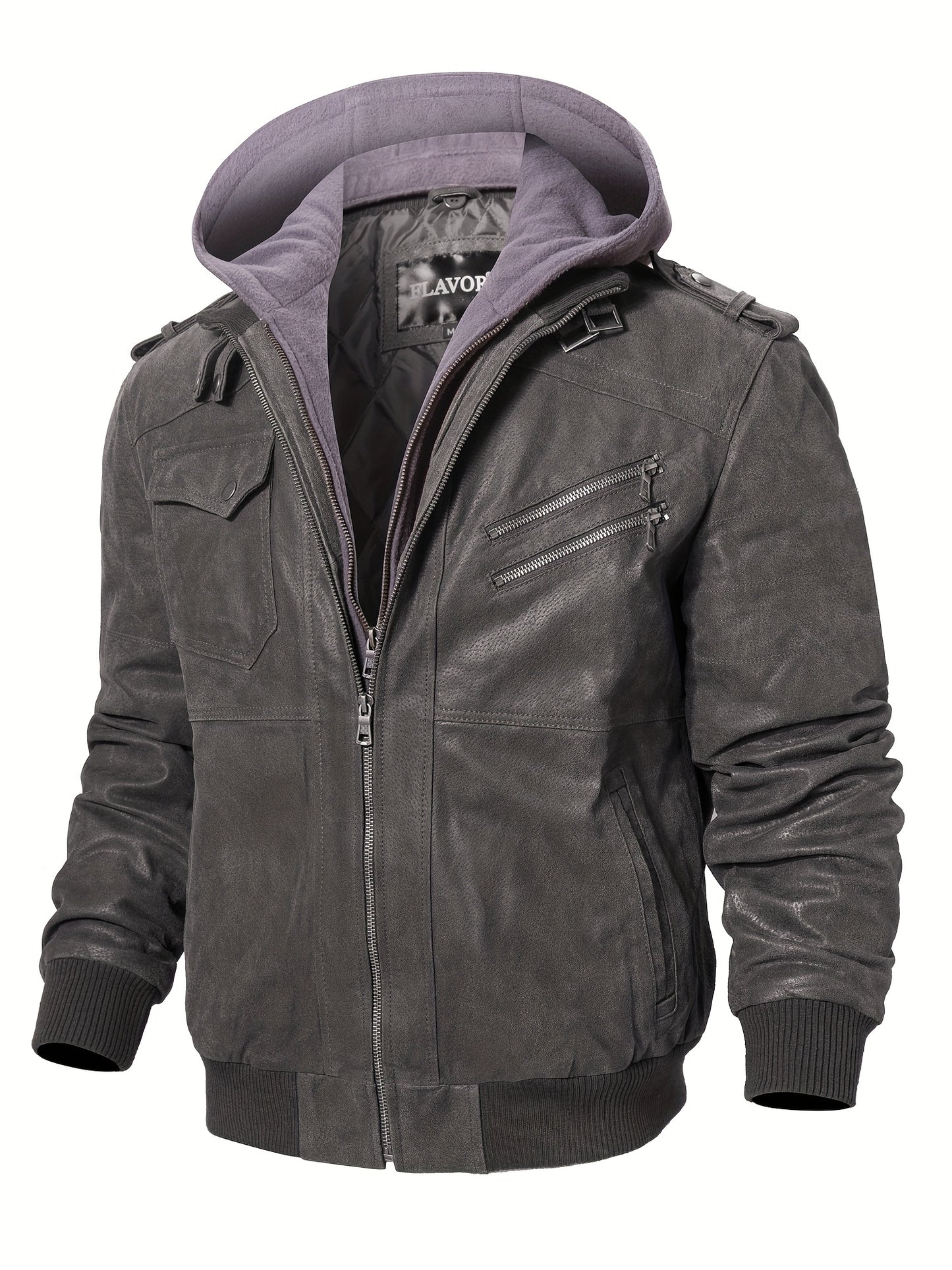 FLAVOR Men Pigskin Motorcycle Jacket With Removable Hood