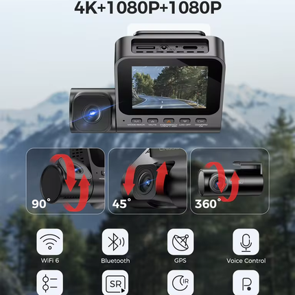 LINGDU 4K 3 Channel Wireless Dash Camera with Free 64GB Card,4K+1080P+1080P Front Inside and Rear Triple Car Camera,IR Night Vision, Voice Control,Build-in GPS 24H Parking Mode, Easy to Install（V630）