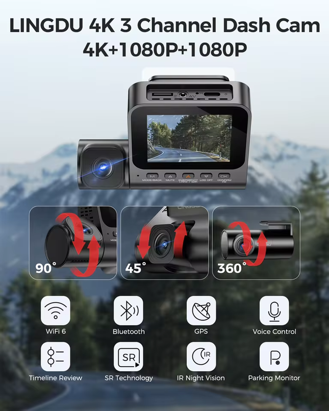 LINGDU 4K 3 Channel Wireless Dash Camera with Free 64GB Card,4K+1080P+1080P Front Inside and Rear Triple Car Camera,IR Night Vision, Voice Control,Build-in GPS 24H Parking Mode, Easy to Install（V630）