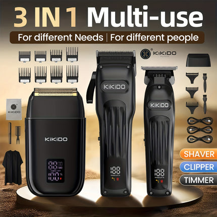 KIKIDO2/3 Men'S Professional Wireless Beard Trimmer And Electric Shaver, Rechargeable 3pcs Hair Clipper Kit with LED Display, Men'S Grooming Set