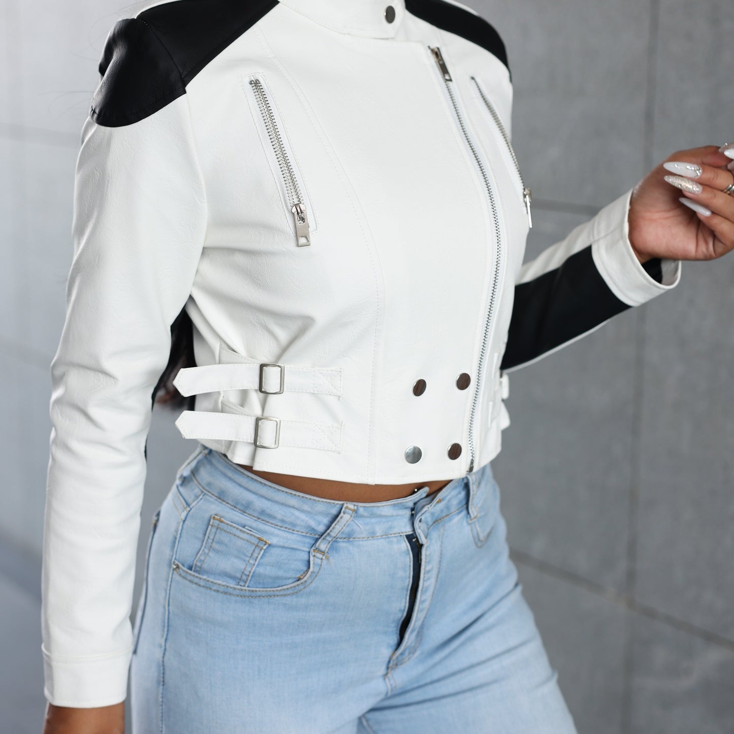 Chic Color Block Motorcycle Jacket for Women