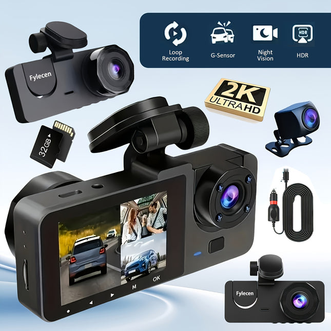 4K 3-channel dash cam with wide angle, night vision, parking mode, and 32GB card included.