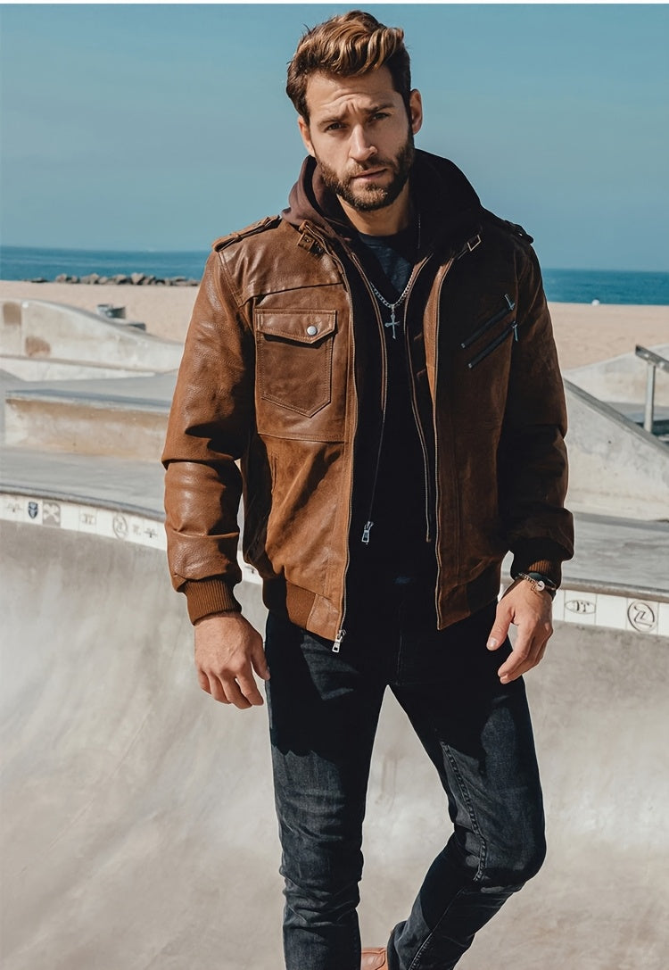 FLAVOR Men Pigskin Motorcycle Jacket With Removable Hood