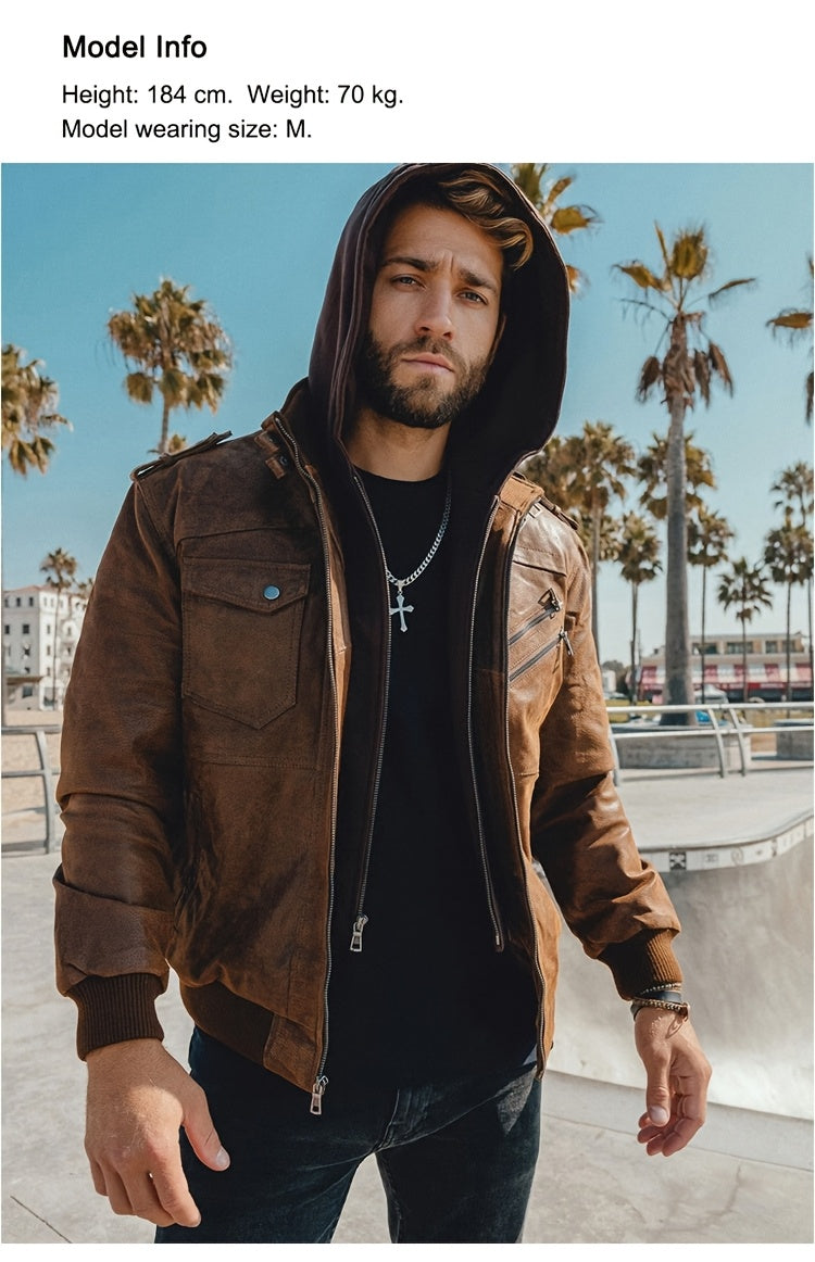 FLAVOR Men Pigskin Motorcycle Jacket With Removable Hood