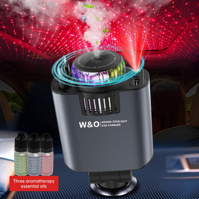 W&O 3-en-1 Chargeur Voiture Rétractable avec Starlight, USB-C Rapide et 5 Modes de Brume