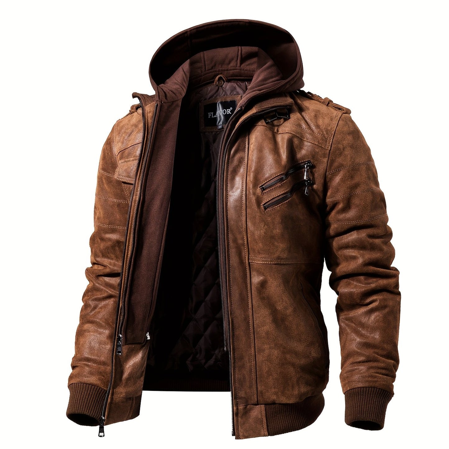 FLAVOR Men Pigskin Motorcycle Jacket With Removable Hood