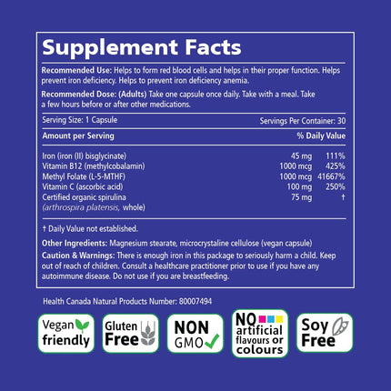 VITALITY Power Iron Supplement 45 mg – Gentle Iron, Vitamin C, B12 & Folate