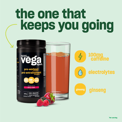 Vega Sport Pre-Workout Energizer, Berry (30 Servings) Vegan Preworkout Energy Powder, Gluten Free, 100mg Caffeine, Non GMO, 540g (Packaging May Vary) 🍁 All In One Marketplace Canada