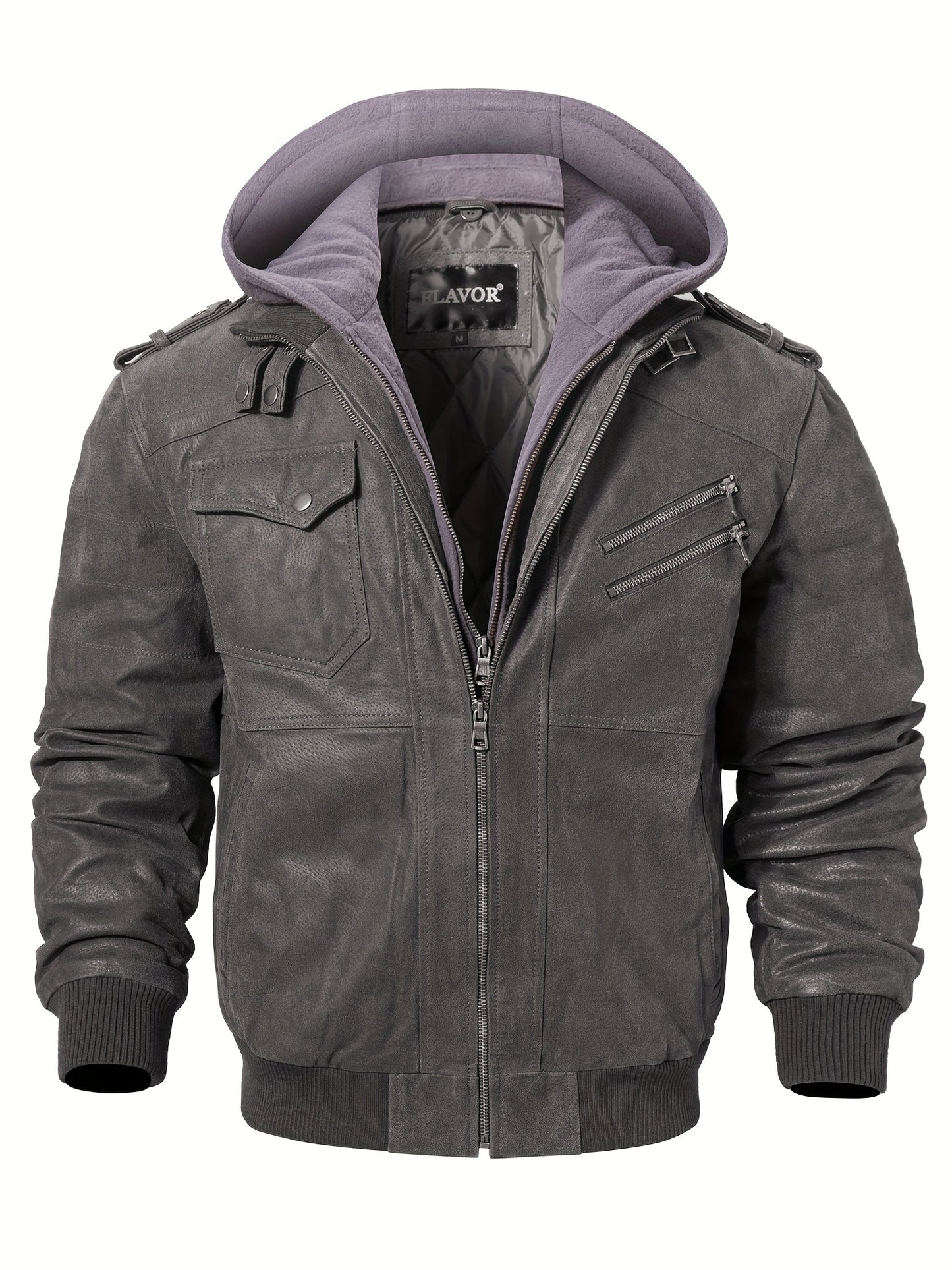 FLAVOR Men Pigskin Motorcycle Jacket With Removable Hood