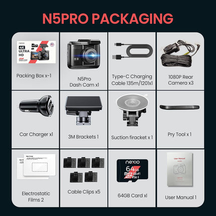 NEXIO N5Pro 4K Dual Dash Cam with Starvis Sensor, WiFi, GPS, ADAS, Park Mode