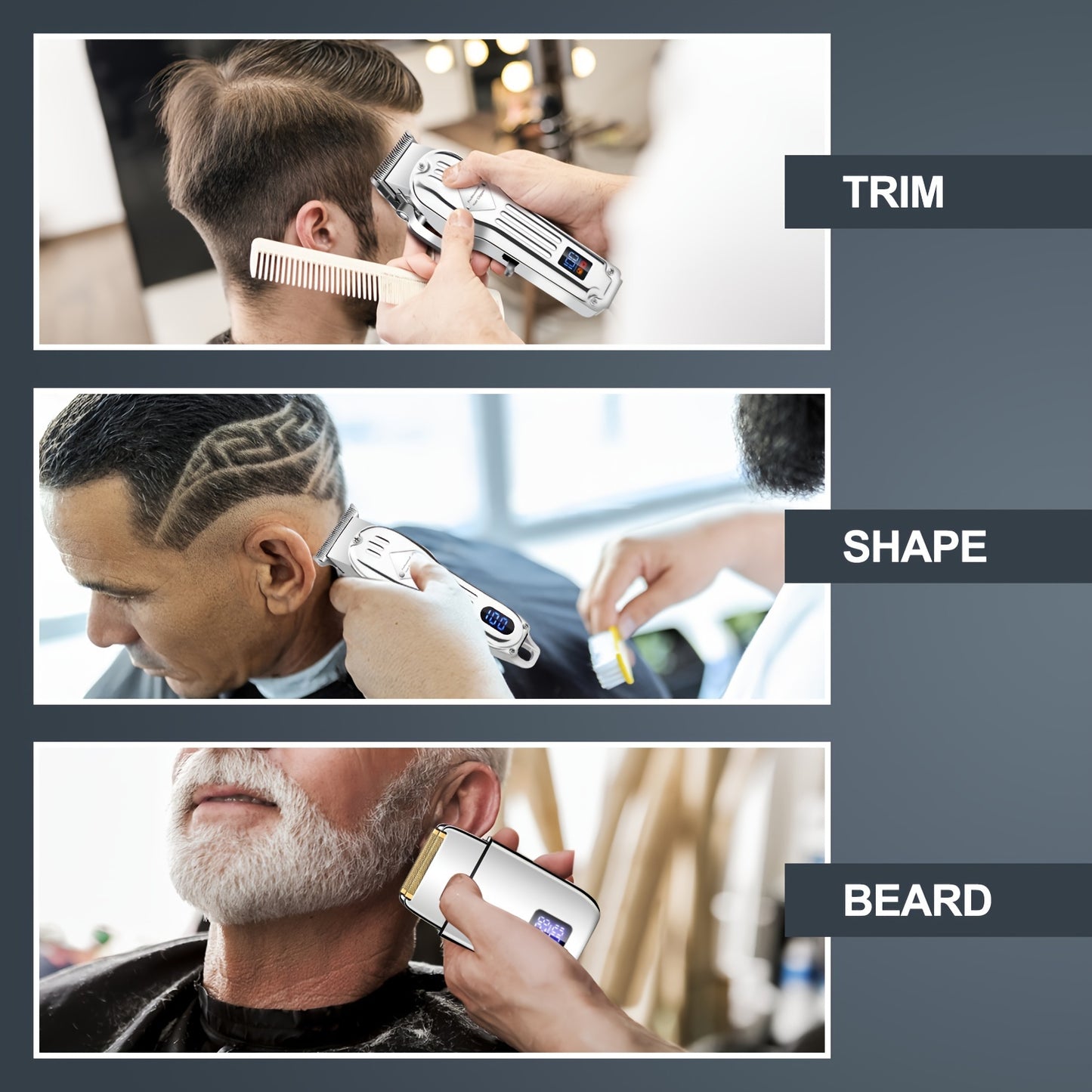 A Set Of 3 Electric Hair Clippers, All In Golden Color, Professional Electric