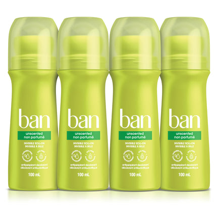 Ban Unscented Roll-on Antiperspirant, 4-Pack