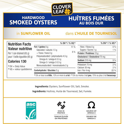 Clover Leaf Smoked Oysters In Sunflower Oil, 85g, 24 Count