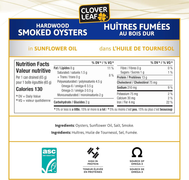 Clover Leaf Smoked Oysters In Sunflower Oil, 85g, 24 Count
