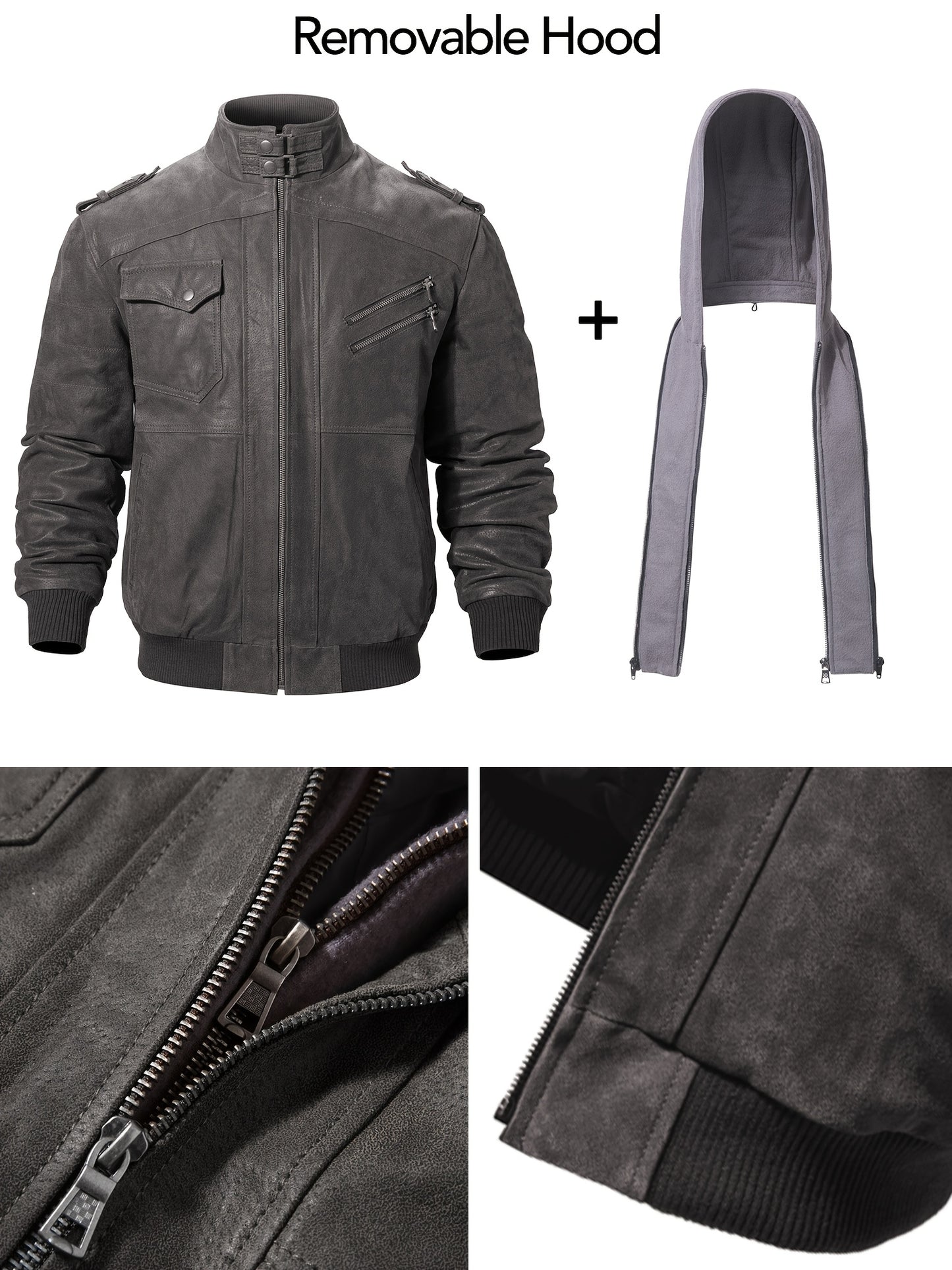 FLAVOR Men Pigskin Motorcycle Jacket With Removable Hood