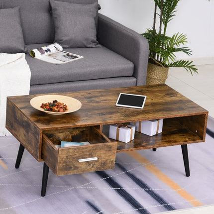 Omari Retro Coffee Table with Storage Shelf and Drawer-Rustic Brown