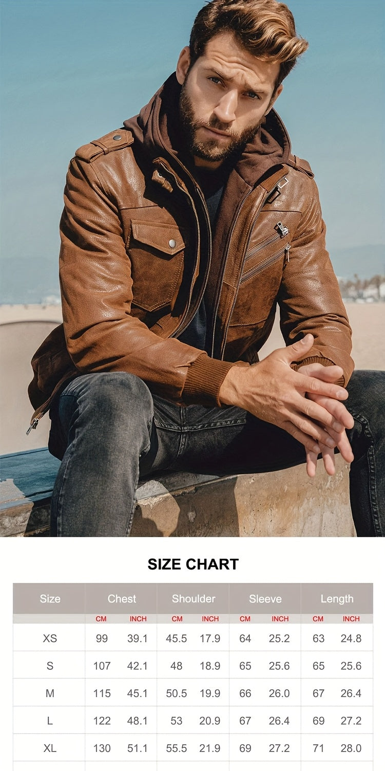 FLAVOR Men Pigskin Motorcycle Jacket With Removable Hood