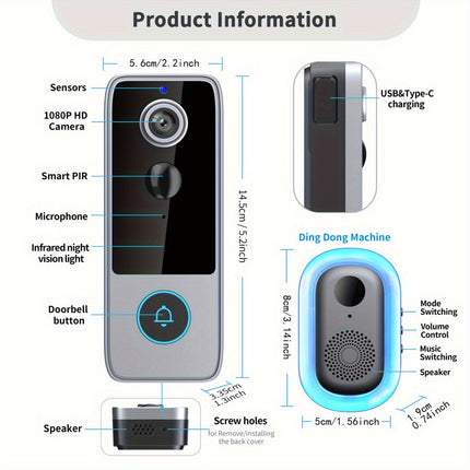 Video Doorbell, Wireless Smart Doorbell, with Night Vision, Two-Way Audio