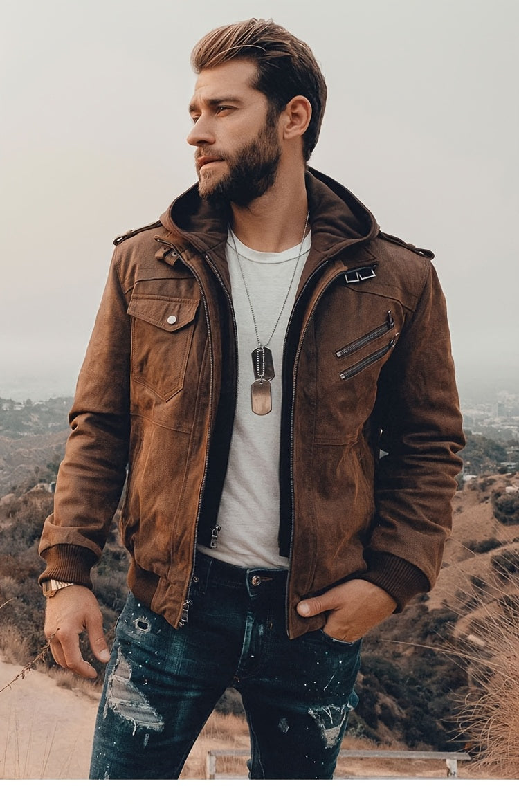 FLAVOR Men Pigskin Motorcycle Jacket With Removable Hood
