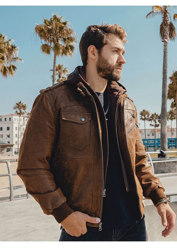 FLAVOR Men Pigskin Motorcycle Jacket With Removable Hood