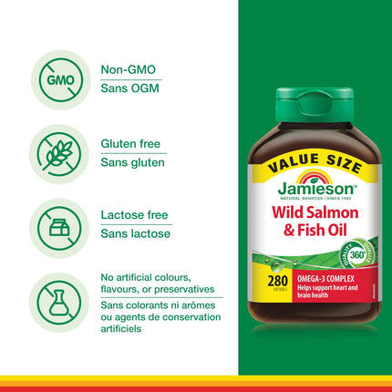 Jamieson Wild Salmon and Fish Oil 1,000 mg Softgels, Value Size, Supports Heart and Brain Health. With Wild Alaskan Salmon, Menhaden, EPA and DHA, Non-GMO, Gluten-Free, 280 Count, Proudly Canadian 🍁 All In One Marketplace Canada