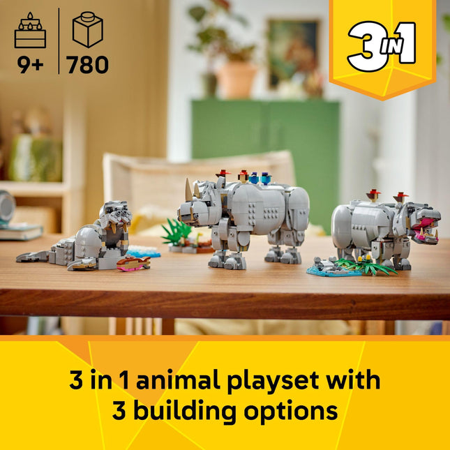 LEGO Creator 3 in 1 Wild Animals: Majestic Rhino - Building Toy for Boys & Girls, Ages 9+ - Gift for Birthdays - Kids Bedroom and Desk Decor - Build Rhino, Hippo, or Walrus - 31129 🍁 All In One Marketplace Canada