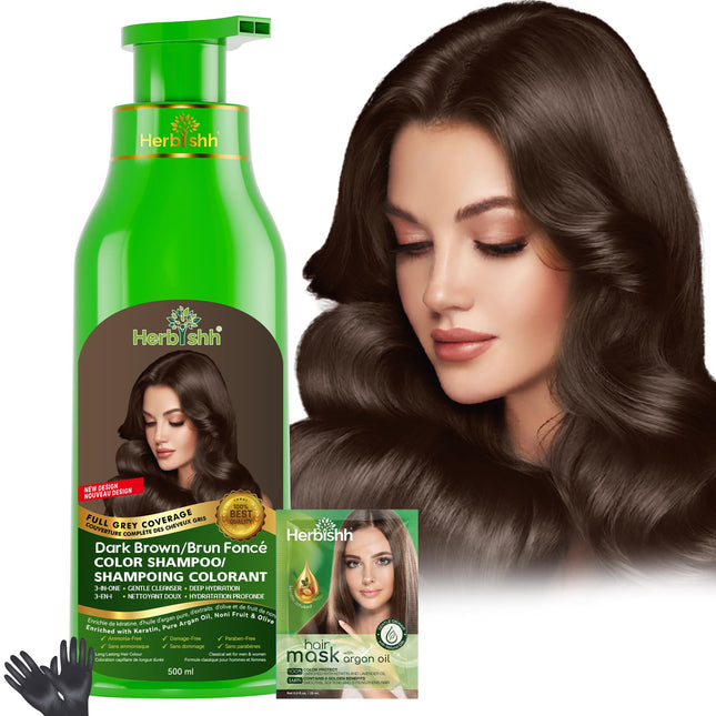 Herbishh Dark Brown Hair Dye Shampoo (500 mL), 3 in 1 Demi Permanent Hair Color Shampoo for Grey Coverage in 20-25 Minutes, Ideal for Women & Men. Ammonia-Free 🍁 All In One Marketplace Canada