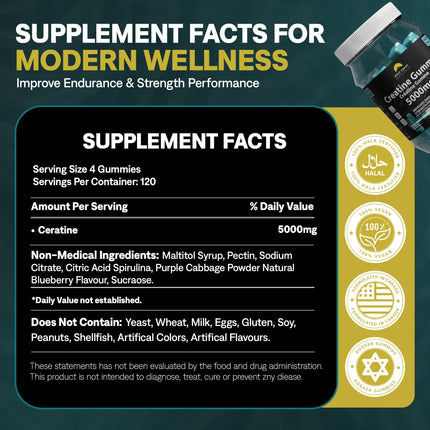Creatine Monohydrate Gummies 5000 mg by West Coast Naturals – Blueberry Flavor, No Added Sugar, Chewable Supplement for Men and Women, Vegan – Kosher Certified – 120 Count 🍁 All In One Marketplace Canada