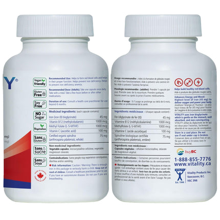 VITALITY Power Iron Supplement 45 mg – Gentle Iron, Vitamin C, B12 & Folate