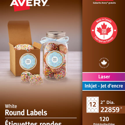 Avery Matte White Round Labels, 2" Label, for Laser/Inkjet Printers, Easy Peel, Print to Edge, 120 Permanent White Labels, Apply on Paper/Cardboard/Metal/Glass/Plastic, (22859) Made in Canada 🍁 All In One Marketplace Canada