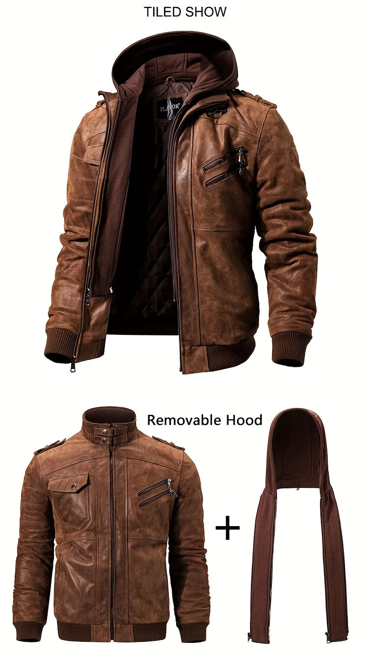 FLAVOR Men Pigskin Motorcycle Jacket With Removable Hood