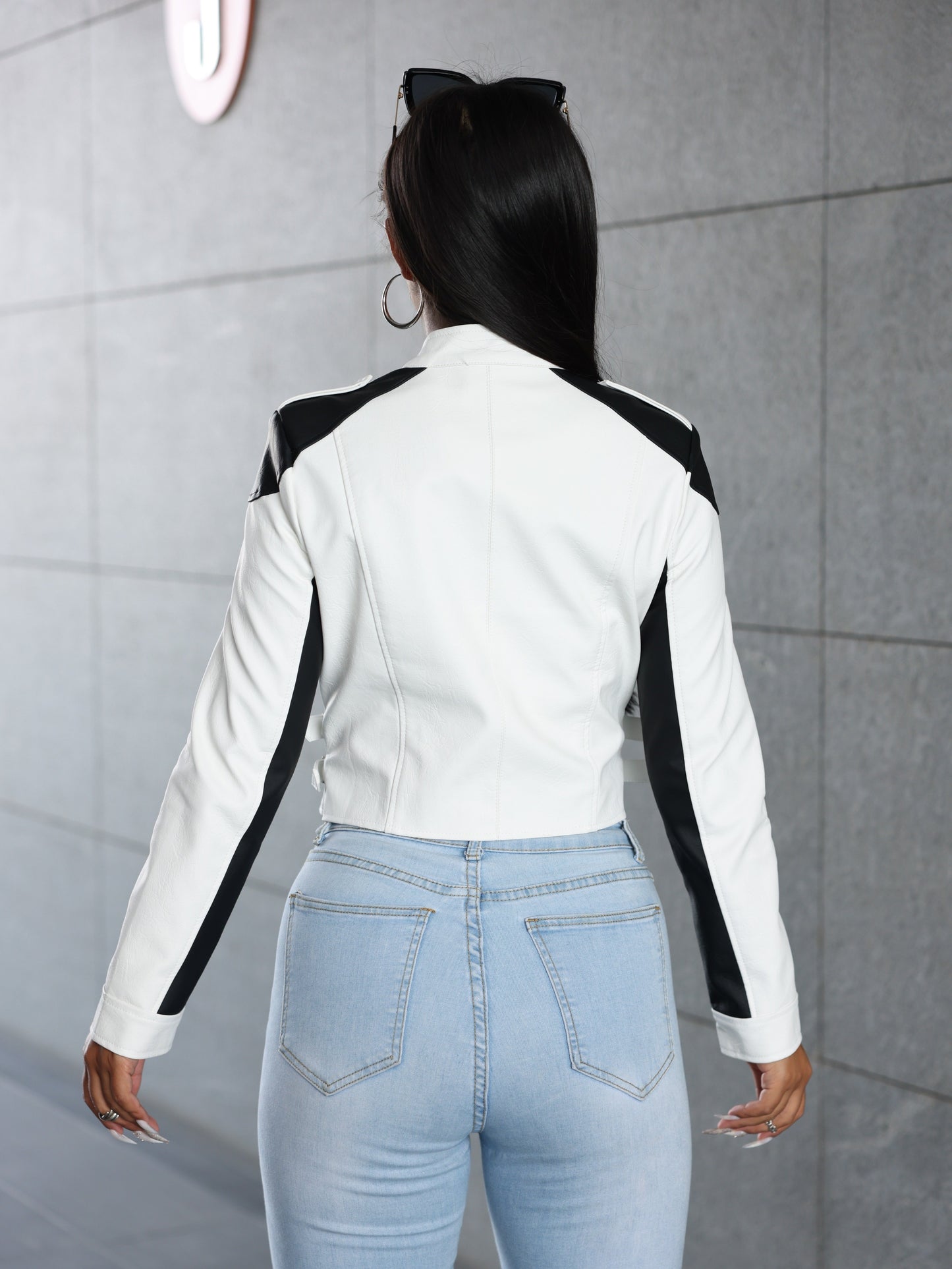 Chic Color Block Motorcycle Jacket for Women