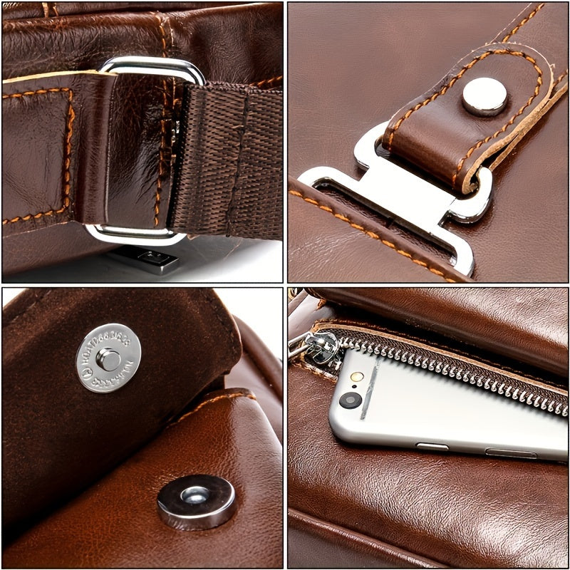 Men'S Casual Coffee Top-Grain Leather Crossbody Bag