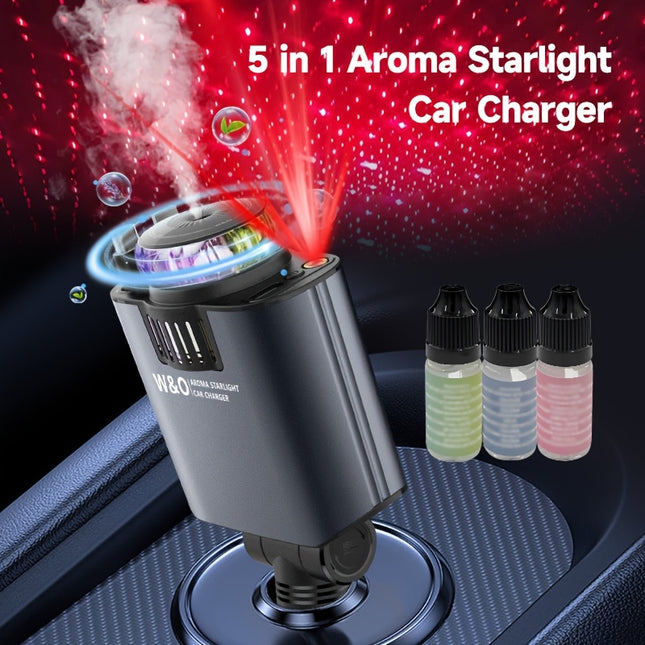 W&O 3-en-1 Chargeur Voiture Rétractable avec Starlight, USB-C Rapide et 5 Modes de Brume