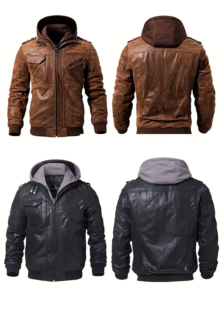 FLAVOR Men Pigskin Motorcycle Jacket With Removable Hood
