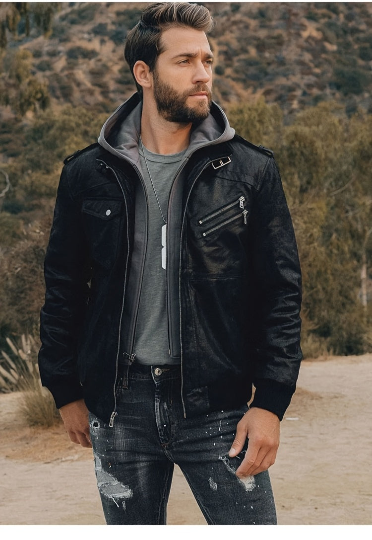 FLAVOR Men Pigskin Motorcycle Jacket With Removable Hood