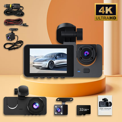 4K 3-channel dash cam with wide angle, night vision, parking mode, and 32GB card included.