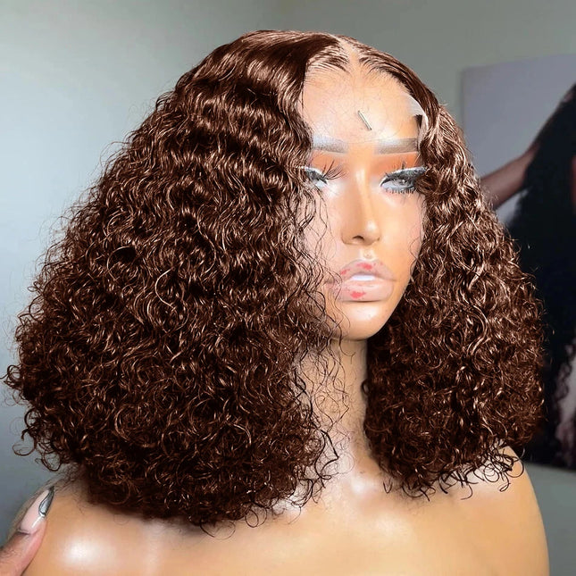 Kinky Curly Brown Deep Wave Short Bob Wig – 13x4 HD Transparent Lace, 16 Inch Brazilian Human Hair
