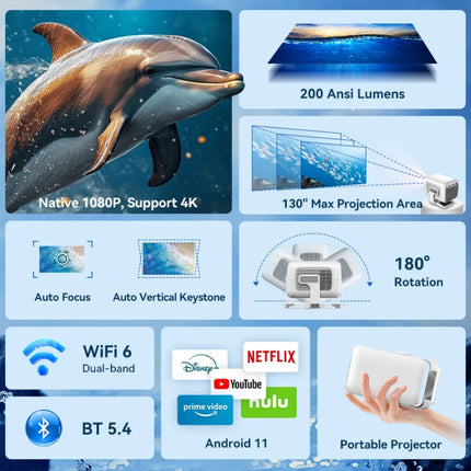LynCast X3A Short-Throw Projector 1080P, Auto Focus, Android 14, WiFi 6
