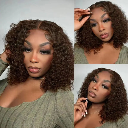 Kinky Curly Brown Deep Wave Short Bob Wig – 13x4 HD Transparent Lace, 16 Inch Brazilian Human Hair