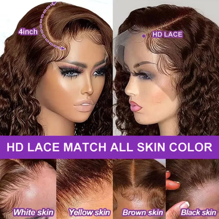 Kinky Curly Brown Deep Wave Short Bob Wig – 13x4 HD Transparent Lace, 16 Inch Brazilian Human Hair